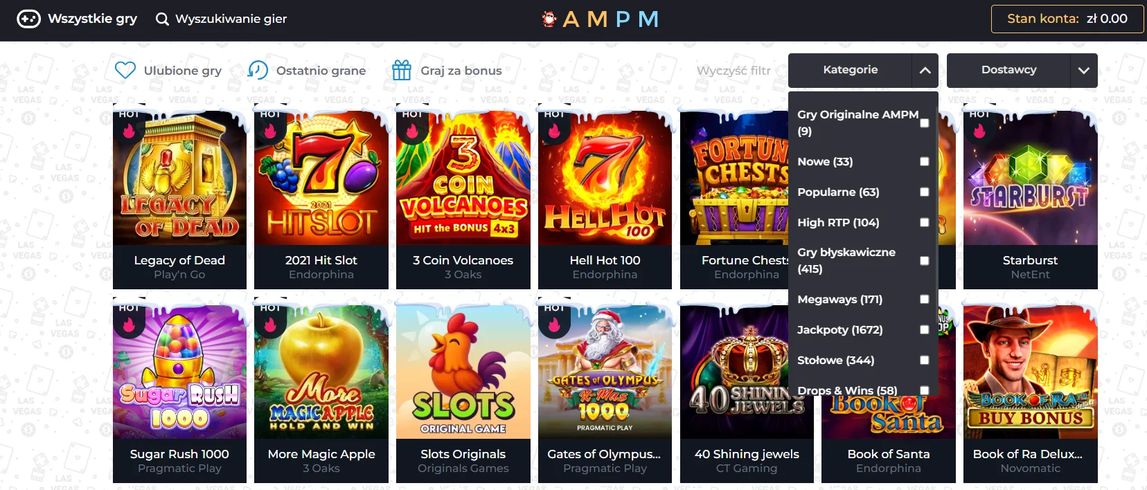 Kolaż popularnych gier hazardowych dostępnych w AMPM Casino